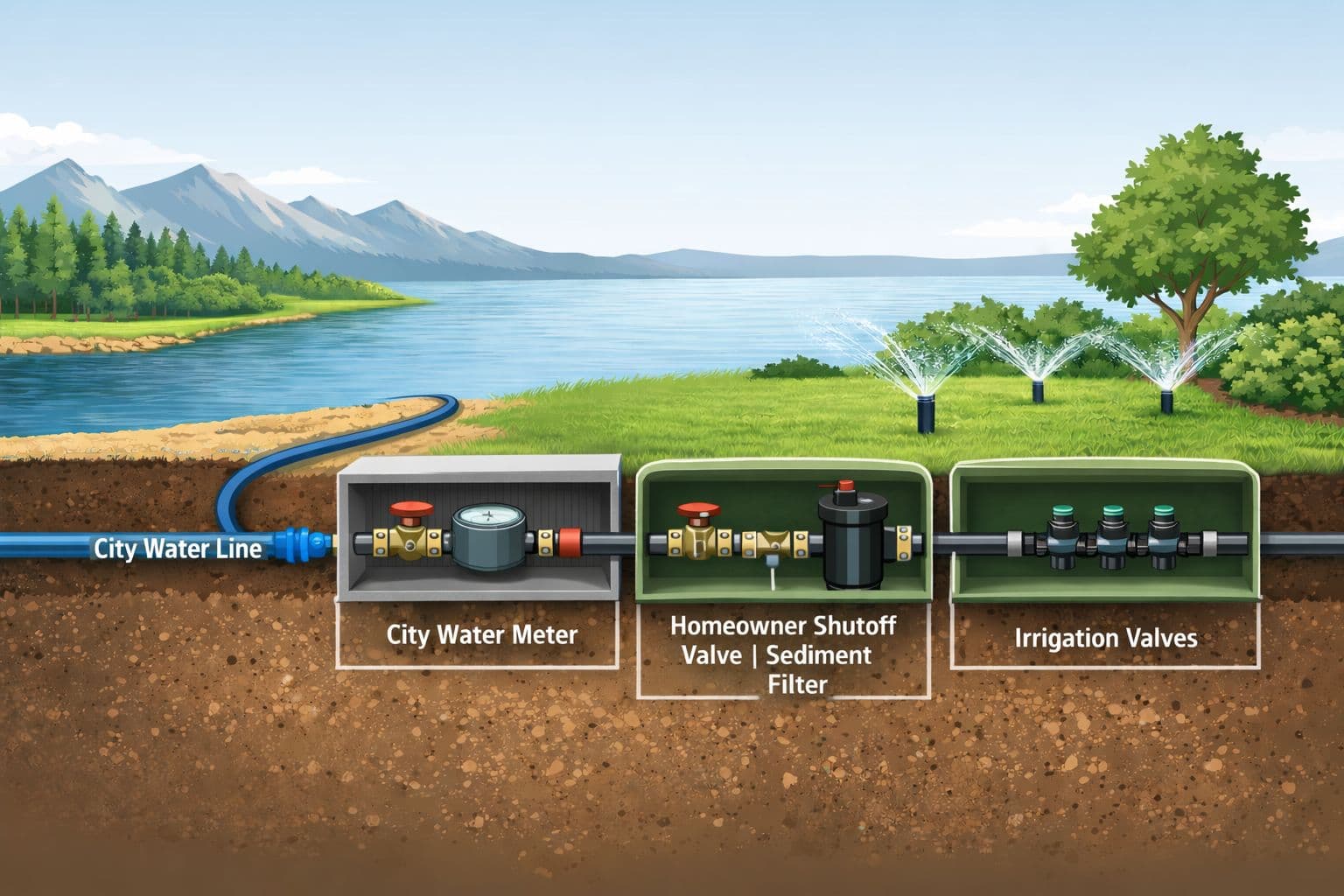 Diagram of a Utah pressurized irrigation system: lake or reservoir, pump station, city water line, city water meter, homeowner shutoff valve, sediment filter, irrigation valves, sprinkler heads