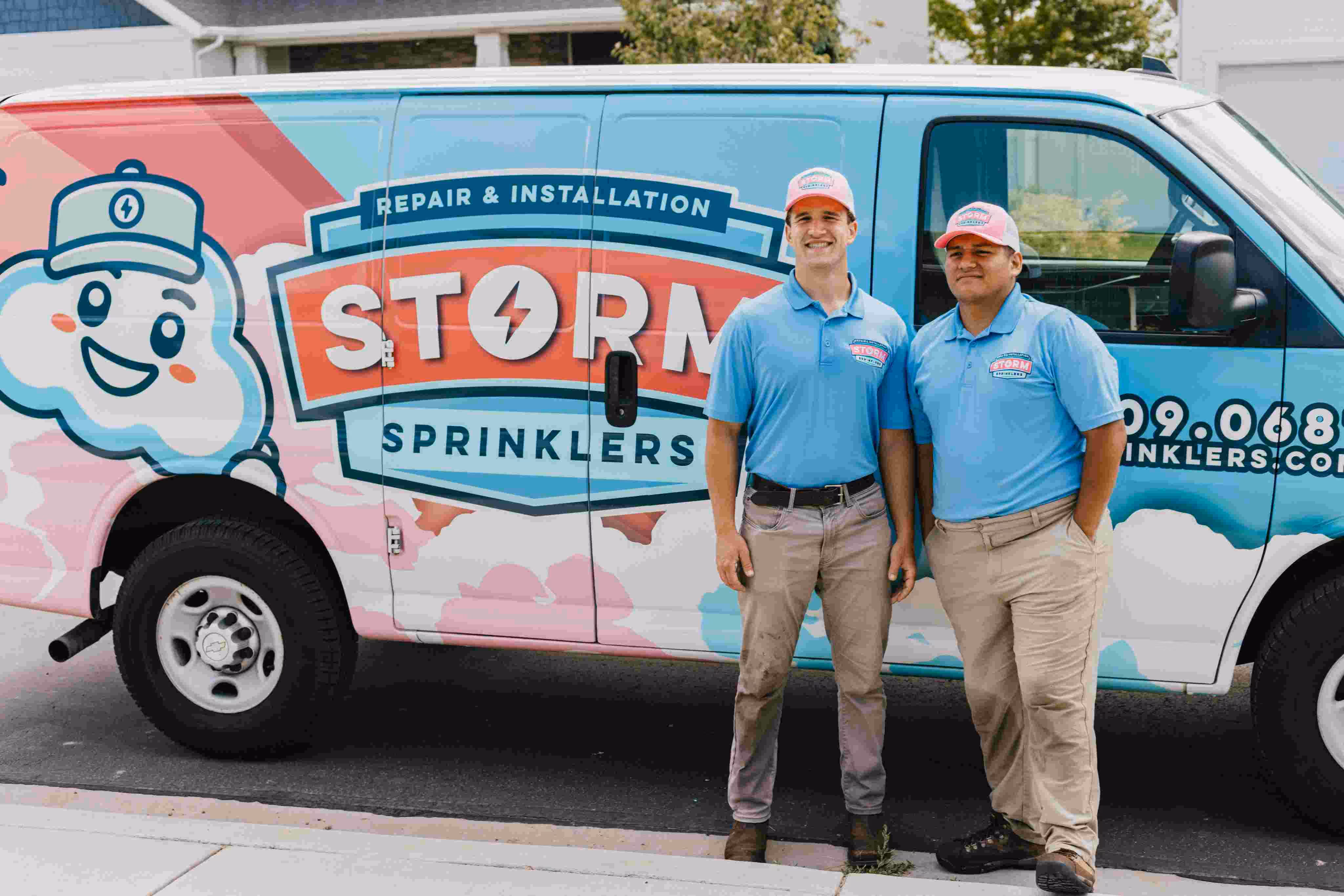 Storm Sprinklers irrigation team in front of service van serving Utah County and Salt Lake County