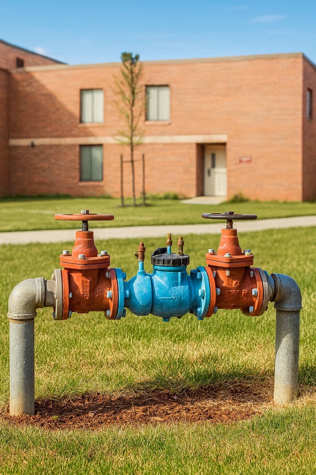 Commercial irrigation backflow preventer on a Utah property with a brick building in the background