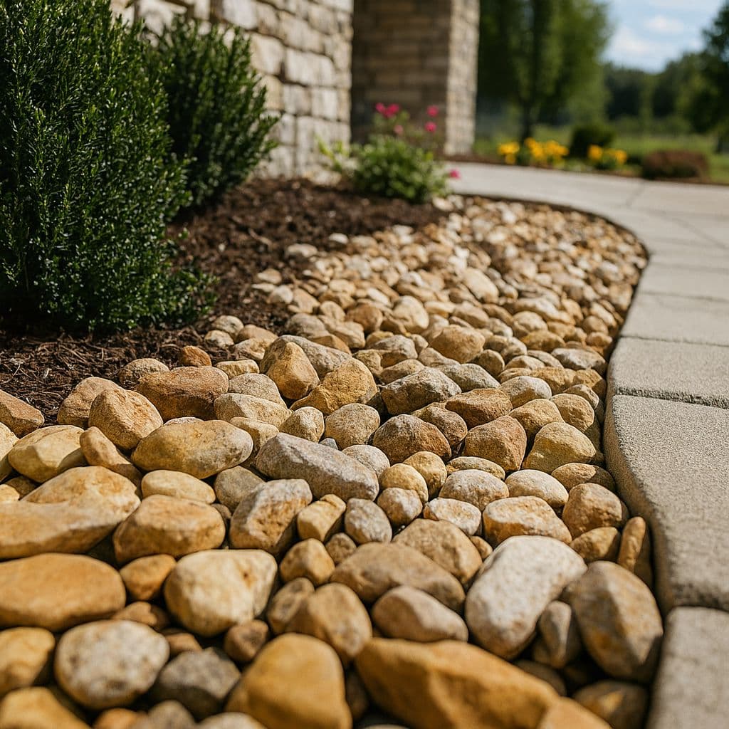 Storm Sprinklers landscape irrigation with rocks and mulch in Utah yard